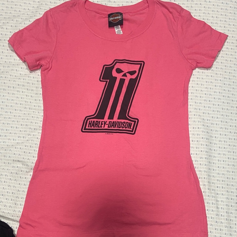 Harley-Davidson Pink Short Sleeve Tee with Black "Number 1" Graphic
